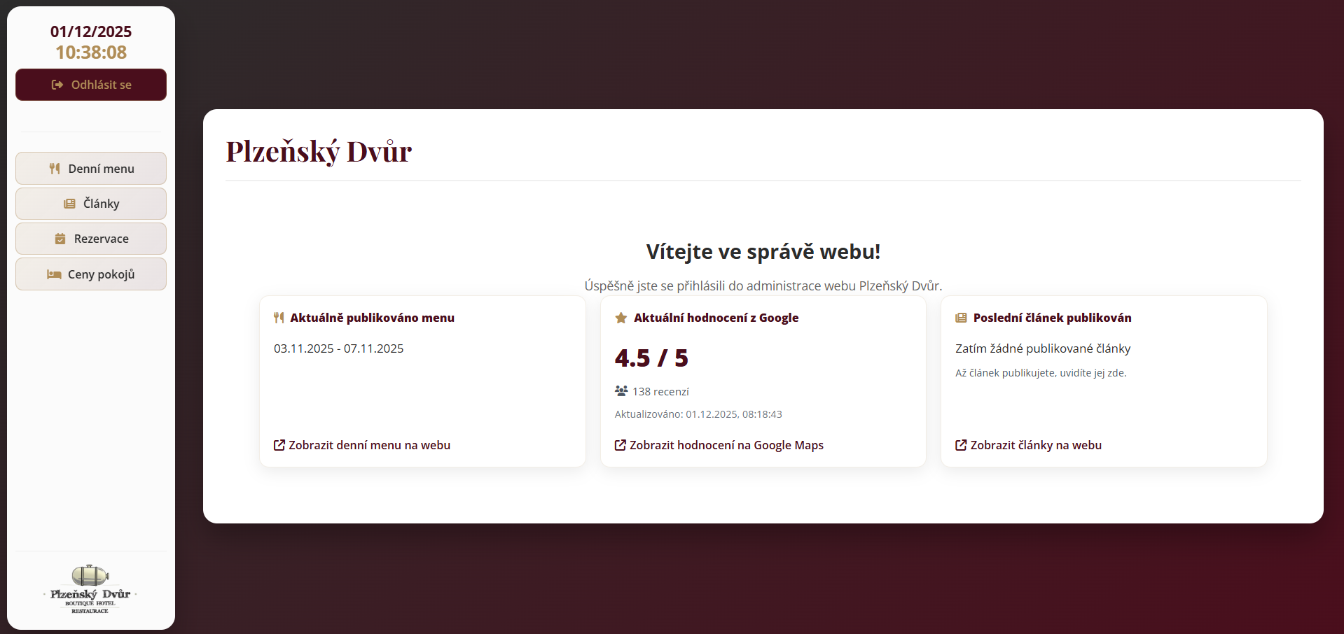 Ukázka administrátorského rozhraní